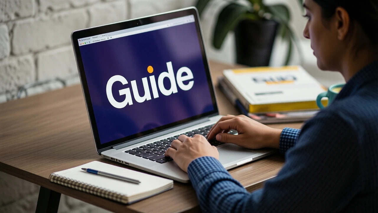 An Indian woman in her thirties works at a laptop on a small home desk beside a notebook, seen from the side, the laptop screen facing us. The screen shows the single word "Guide" in large white letters on deep indigo
