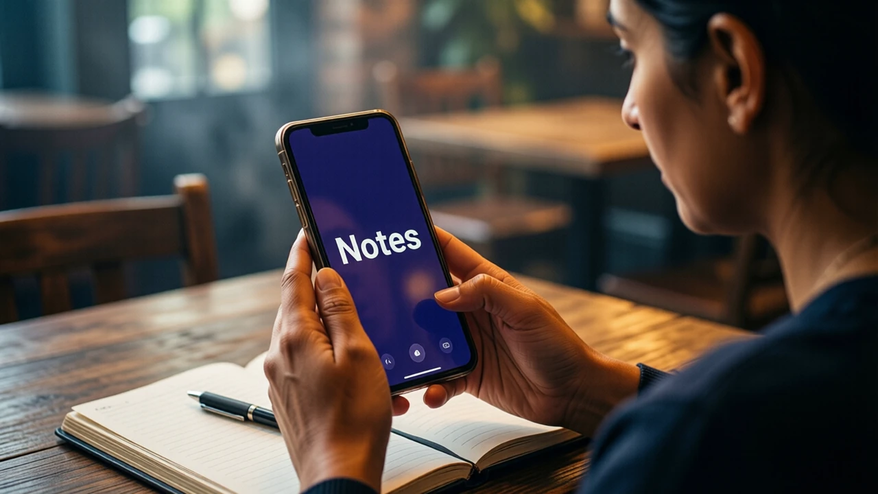 An Indian woman in her thirties sits at a cafe table with a paper notebook and pen, seen from the side, holding a phone whose screen faces us. The screen shows the single word "Notes" in large white letters on deep indigo