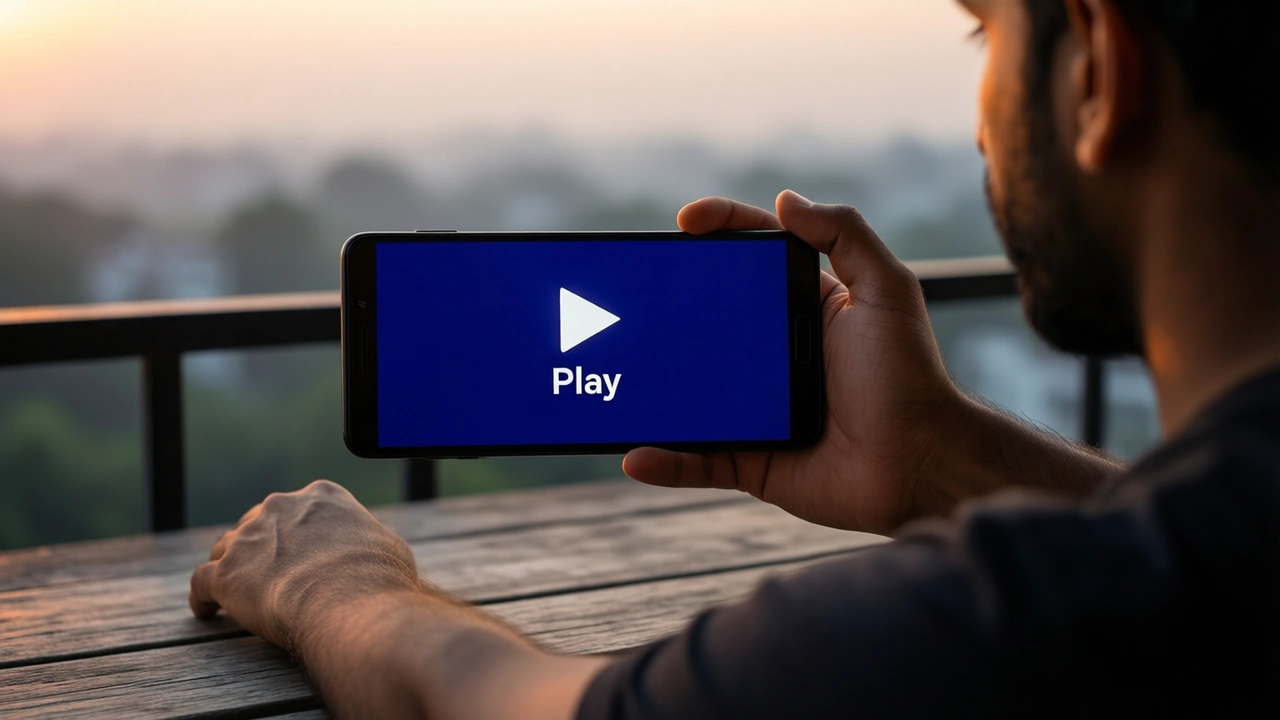 An Indian man in his thirties sits on a balcony at dusk, seen from the side, holding his own Android phone out toward us at arm's length in his right hand, its screen large in the frame and facing us, only one person and one hand in the picture. The screen shows a white play triangle above the single word "Play" on a deep indigo background
