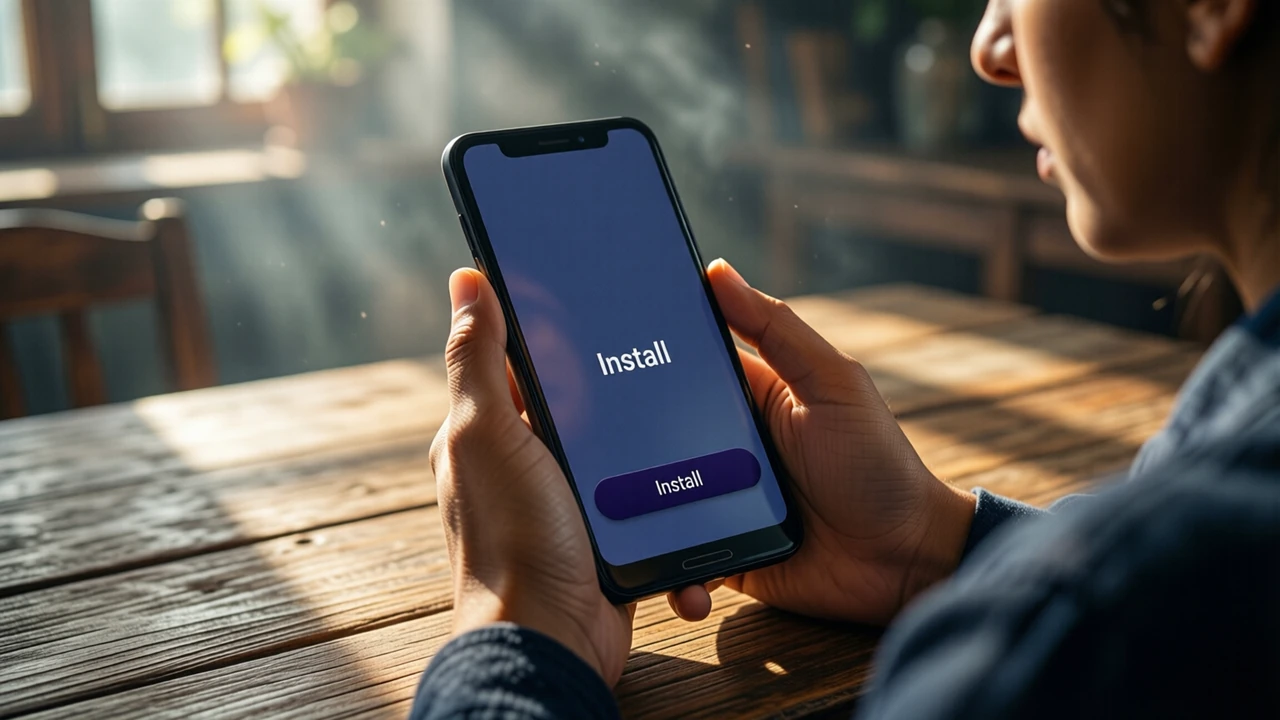 An Indian woman in her late twenties sits at a wooden table in a sunlit room, holding an Android phone at chest height with its screen angled toward us. The screen shows one wide rounded button carrying the single word "Install" in white on deep indigo