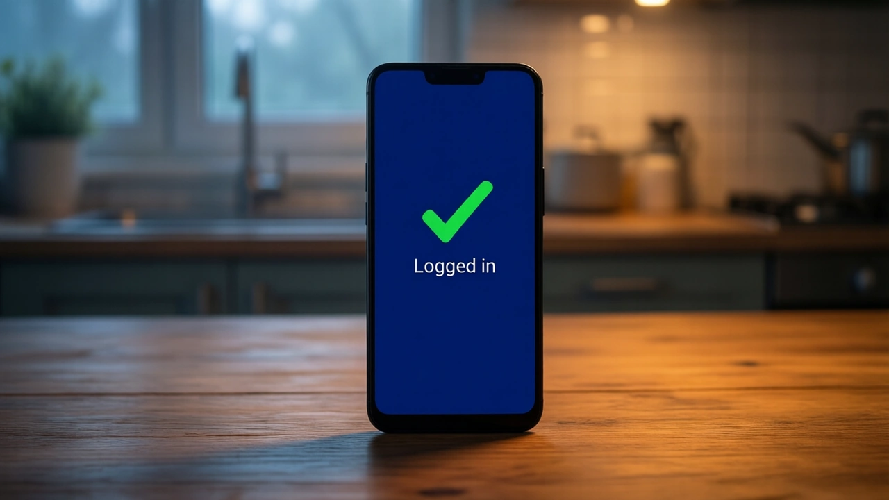 An Android phone propped upright on a wooden kitchen table in soft evening light, its screen facing us and filling a third of the frame; the screen is plain deep indigo with one large green tick and the words "Logged in" in white below it