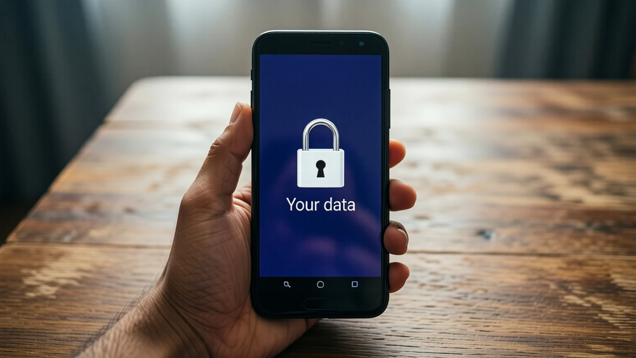 Close-up of a hand holding an Android phone over a plain wooden table, the screen facing us and filling most of the frame. The whole phone screen is one flat deep indigo field from the top edge to the bottom edge, carrying only a closed white padlock with its shackle locked shut above the words "Your data" in white.