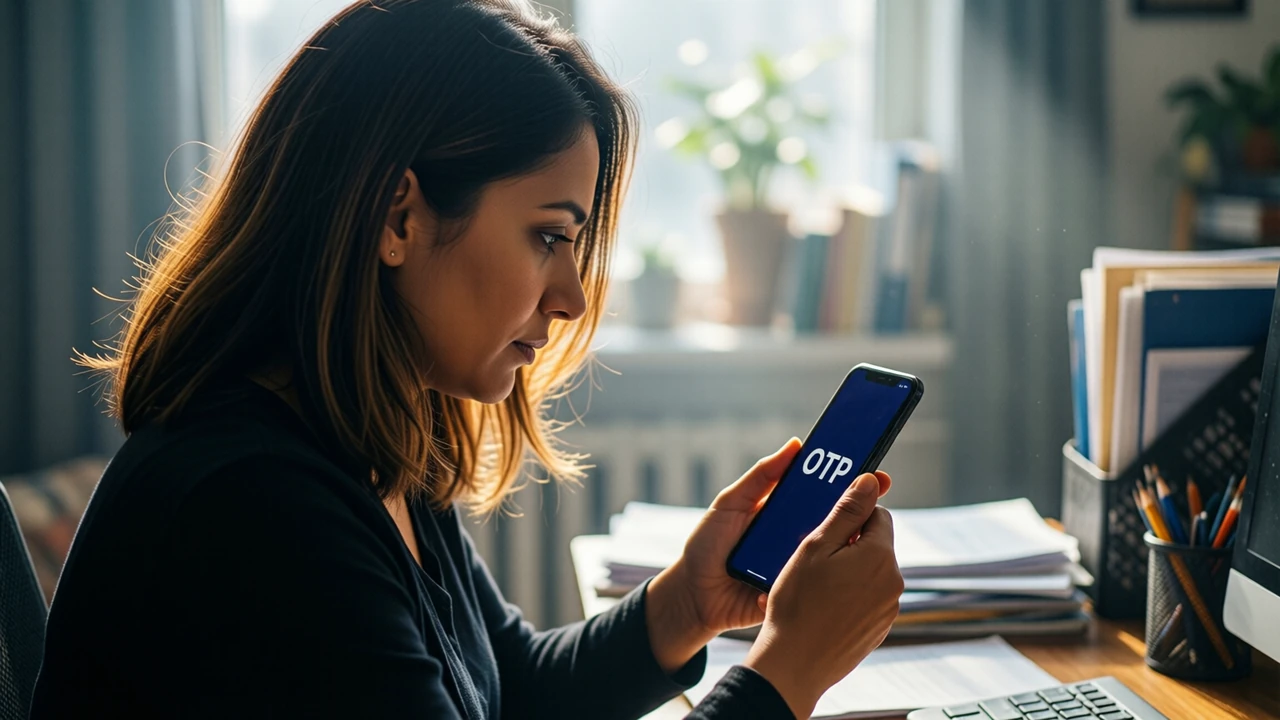 An Indian woman in her thirties with shoulder-length hair, seen in three-quarter view at a desk in a sunlit room, looking down at a smartphone held at chest height, its screen angled slightly toward us and showing the single word "OTP" in white on deep indigo.