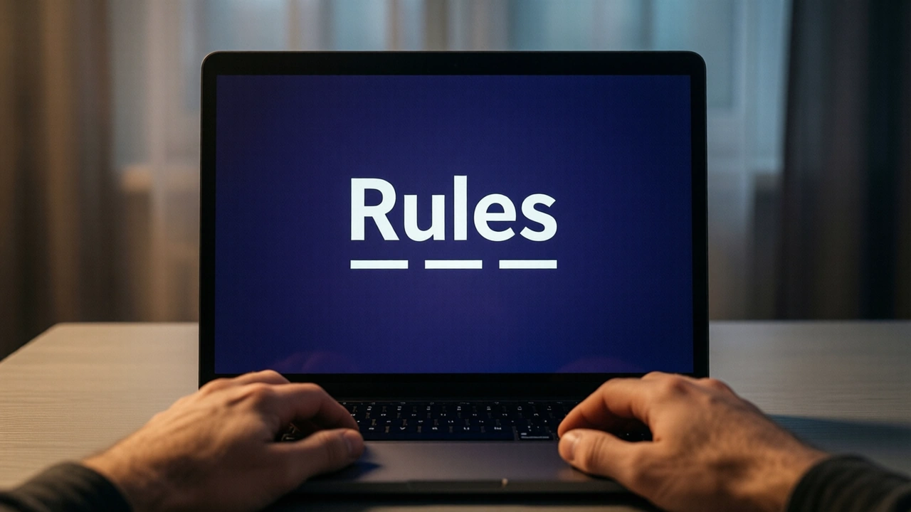 A laptop on a plain desk in a quiet room, its screen facing us. The screen shows the heading "Rules" in large white letters with three short white lines beneath it on deep indigo